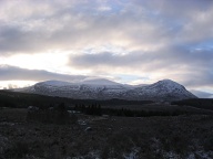 Looking south over Tulloch Statio Lodge, our accomodation for the weekend. Chno Dearg and friends.