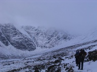 Walking up towards Coire Ardair. Easy Gully is the prominent center snow filled gully