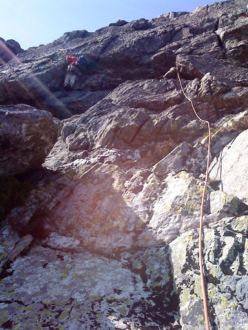 Paul McCloy leading the final traverse pitch of 'arete climb'